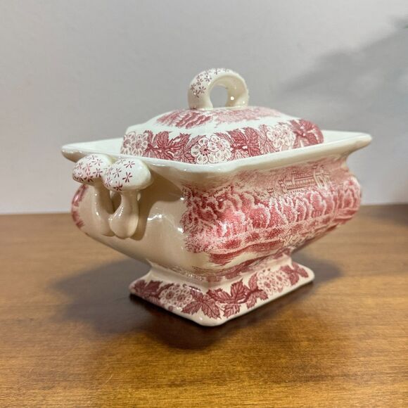 Vintage Gravy Boat Tureen Pink and White Transfer Ware Mushrooms Antique - Picture 6 of 13